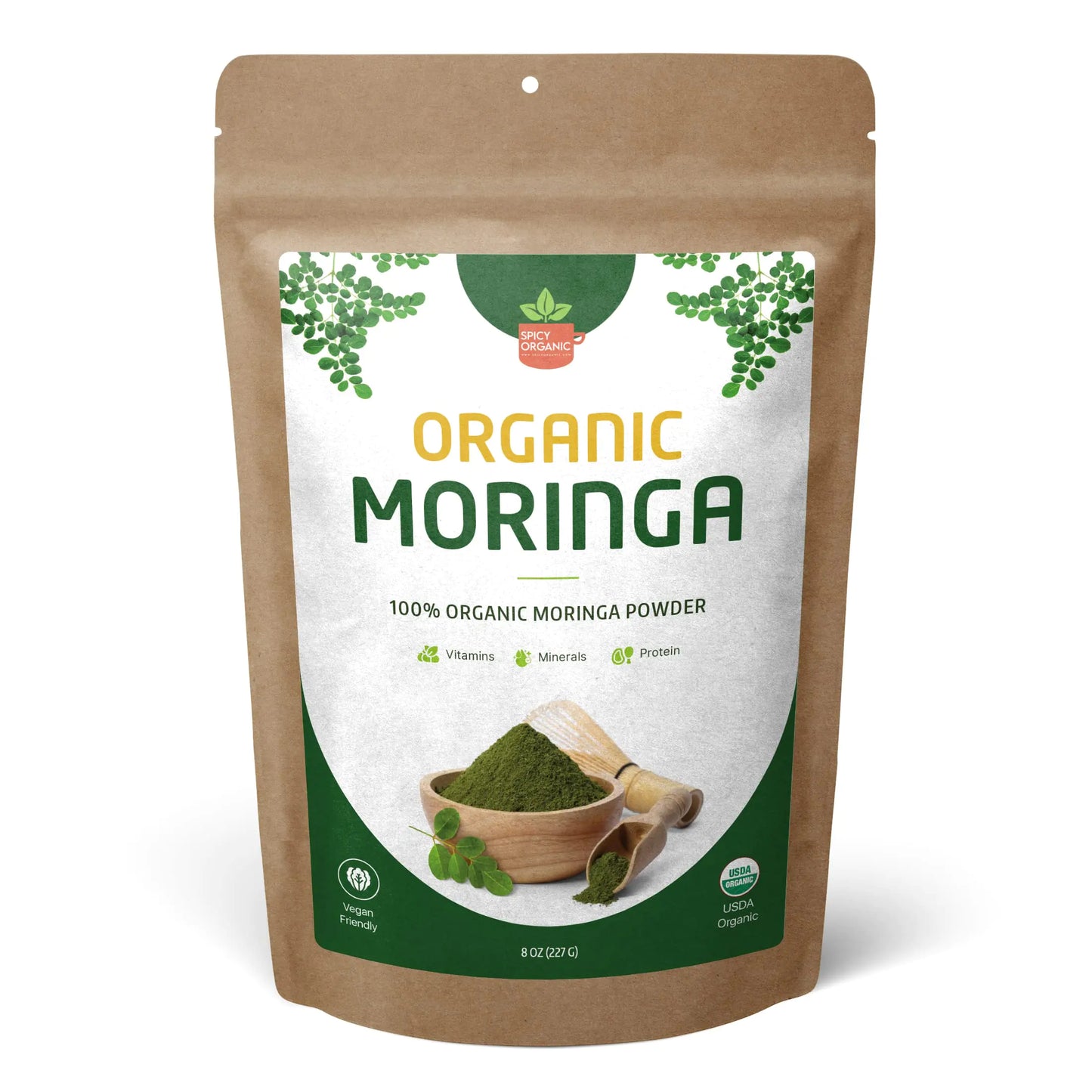 Kraft paper package of organic moringa powder with a white background