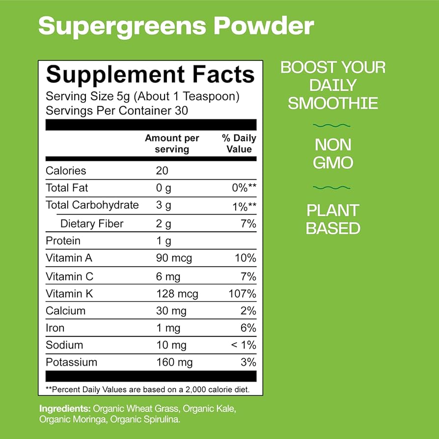 Ultimate Greens Powder Smoothie Mix with Spirulina Moringa Wheat Grass Kale Spinach Broccoli Chlorella & Chlorophyll