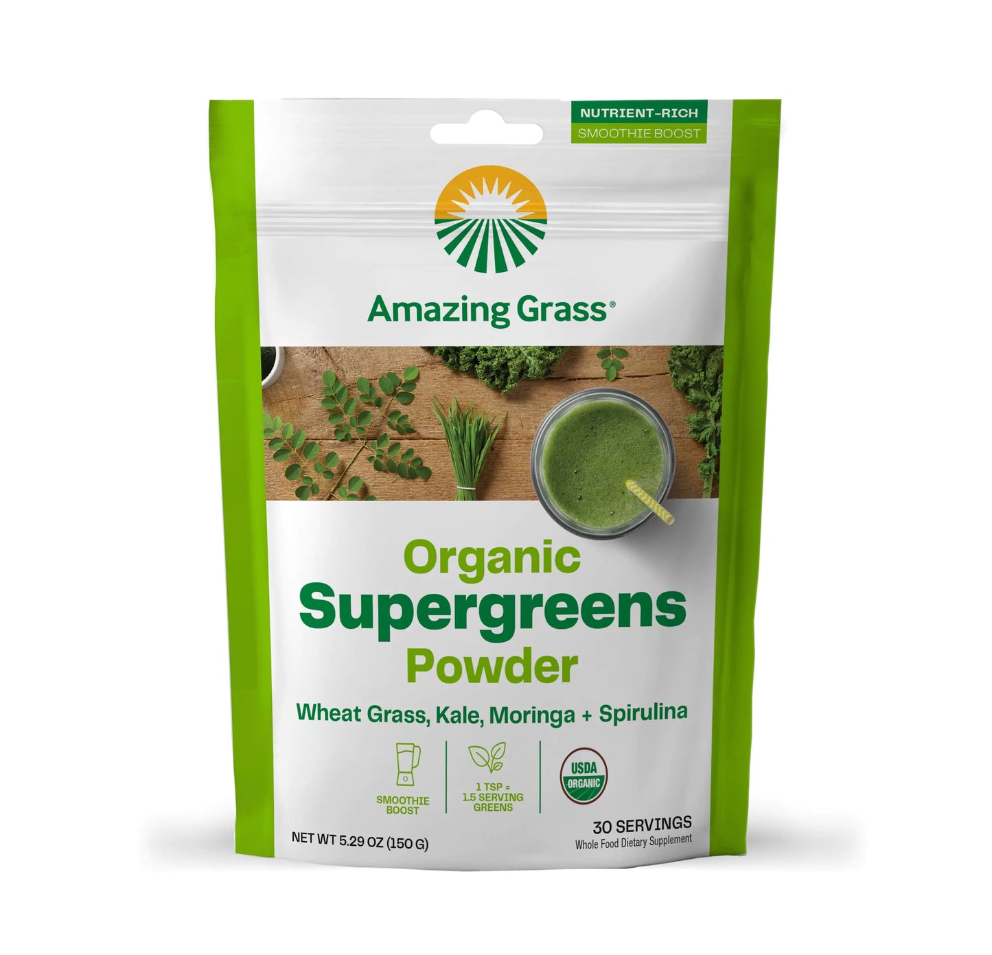 Ultimate Greens Powder Smoothie Mix with Spirulina Moringa Wheat Grass Kale Spinach Broccoli Chlorella & Chlorophyll