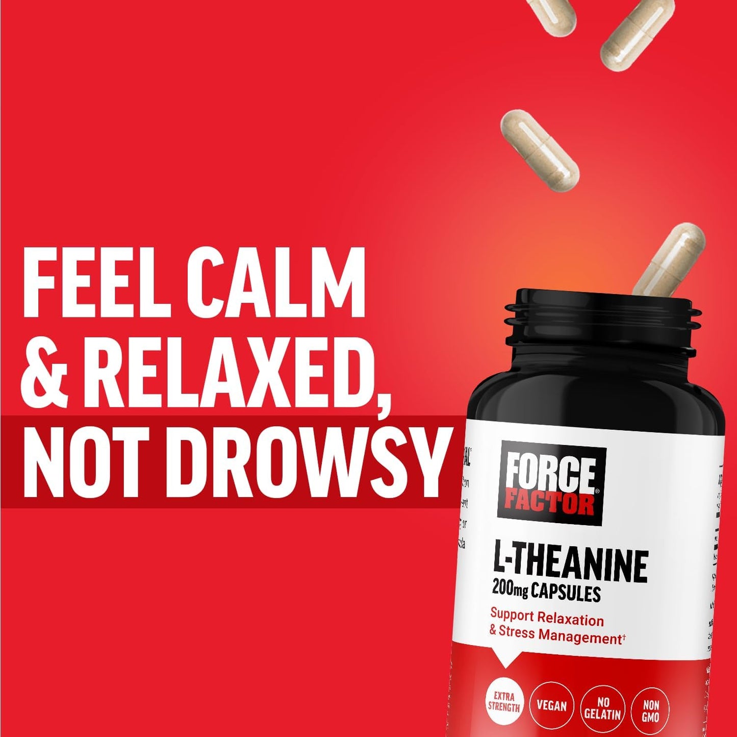 Force Factor L-Theanine supplement bottle with text on a red background