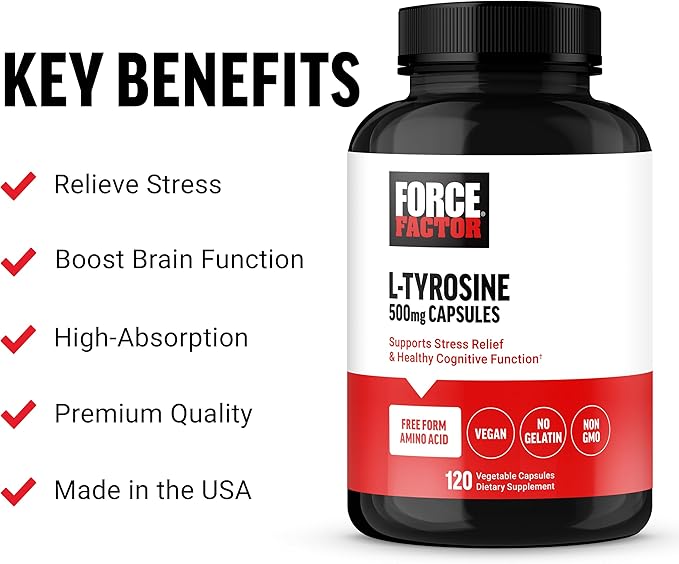 Force Factor L-Tyrosine supplement bottle with key benefits listed on a white background
