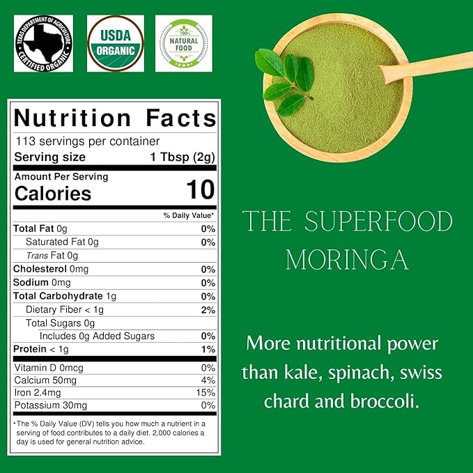 Nutrition facts label for a green superfood powder with USDA Organic label on a green background.