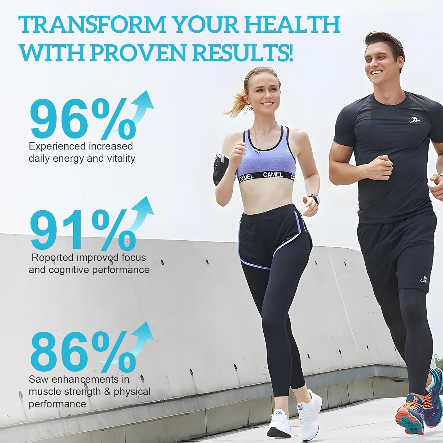 Two people running with health improvement statistics displayed on a light background