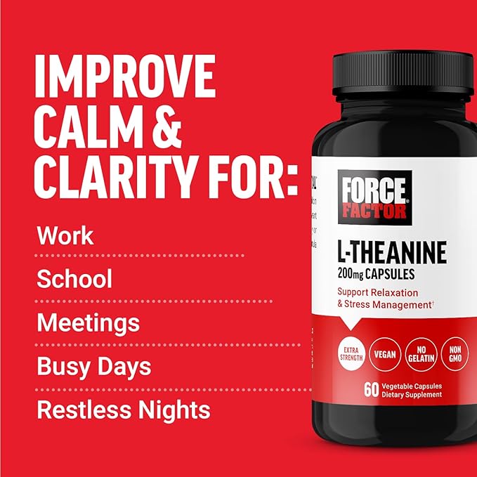Force Factor L-Theanine supplement bottle on a red background with text about improved calm and clarity.