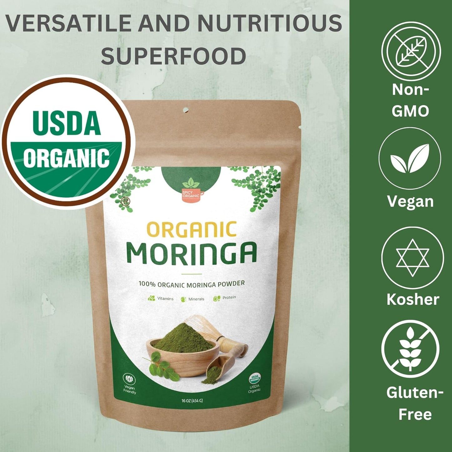 Organic Moringa powder package with USDA Organic label and certification icons on a green background