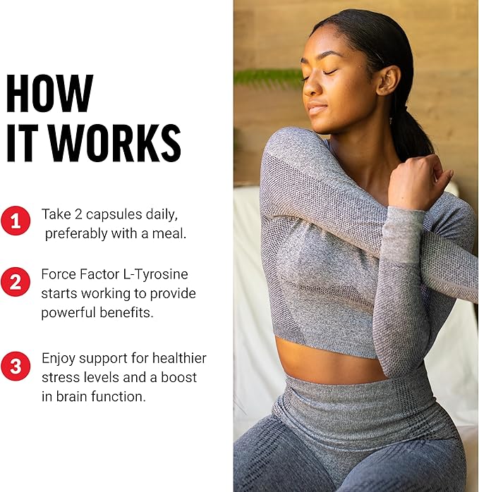 Woman in gray athletic wear with text on how a product works