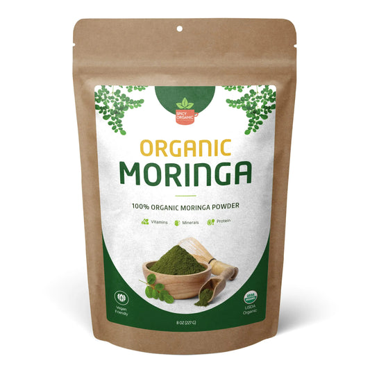 Kraft paper package of organic moringa powder with a white background