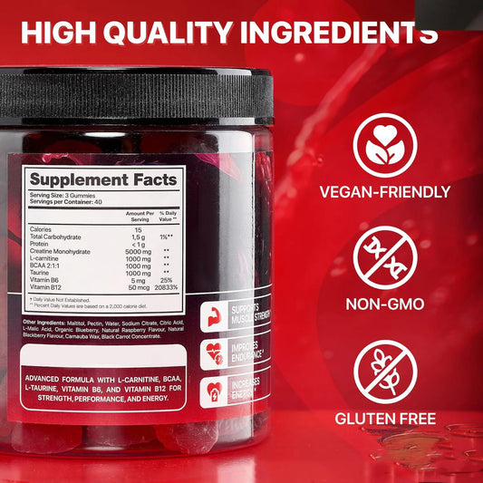 Supplement container with label on a red background, highlighting 'High Quality Ingredients' and certification icons.