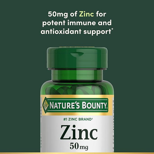 Nature's Bounty Zinc supplement bottle with text on a green background