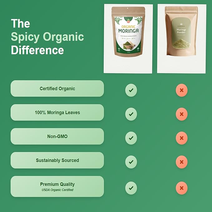 Spicy Organic Moringa product packaging with certification details on a green background