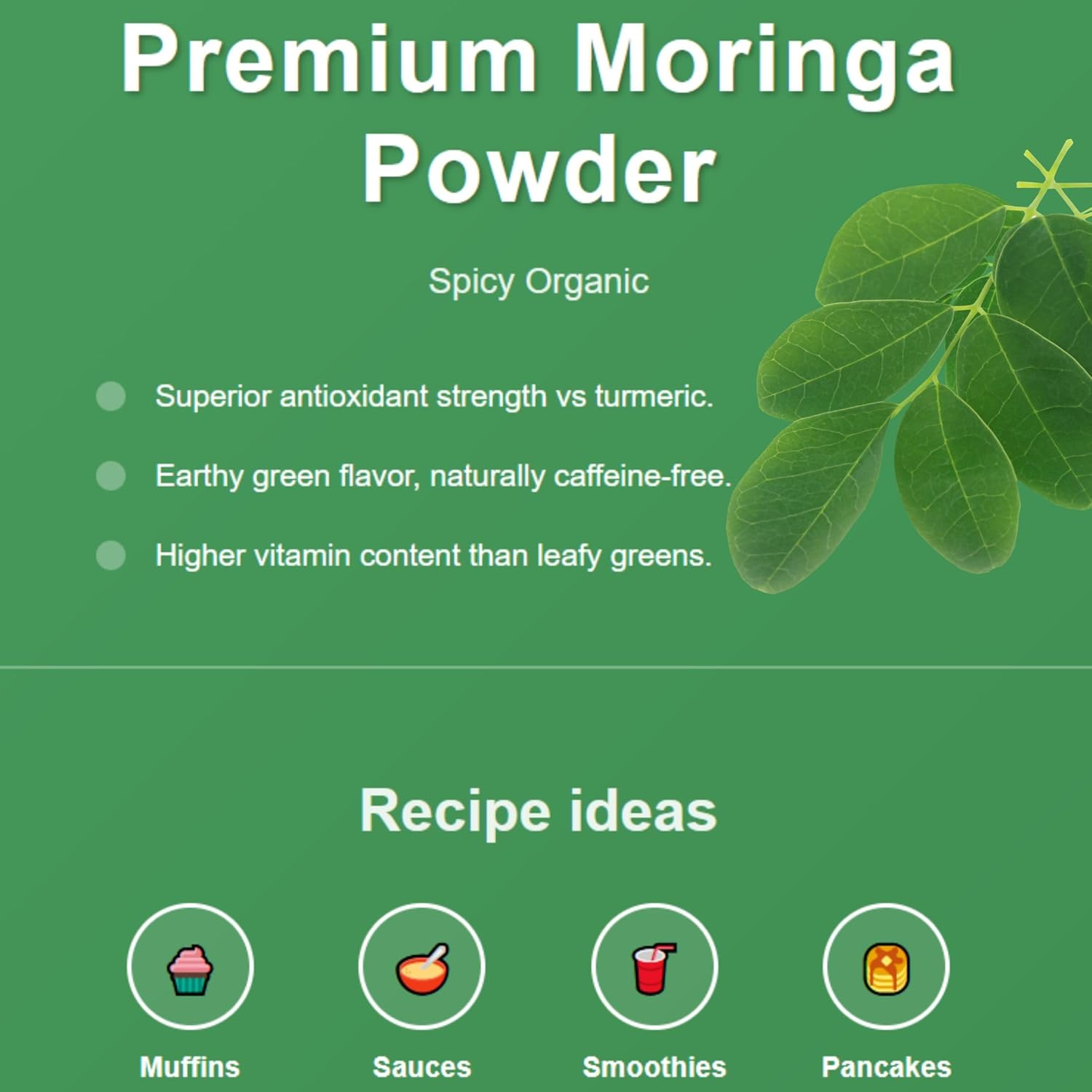 Advertisement for Premium Moringa Powder with text and images on a green background