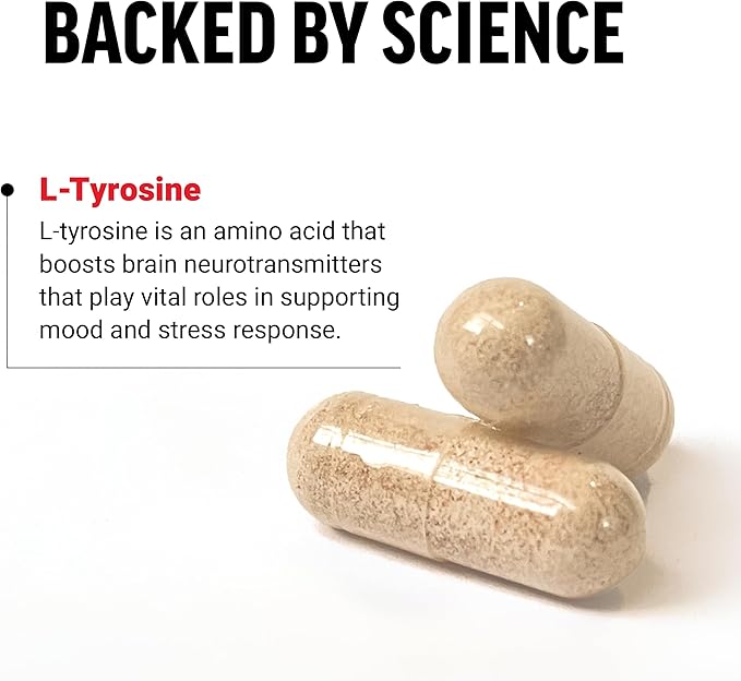 Two capsules with text about L-Tyrosine on a white background