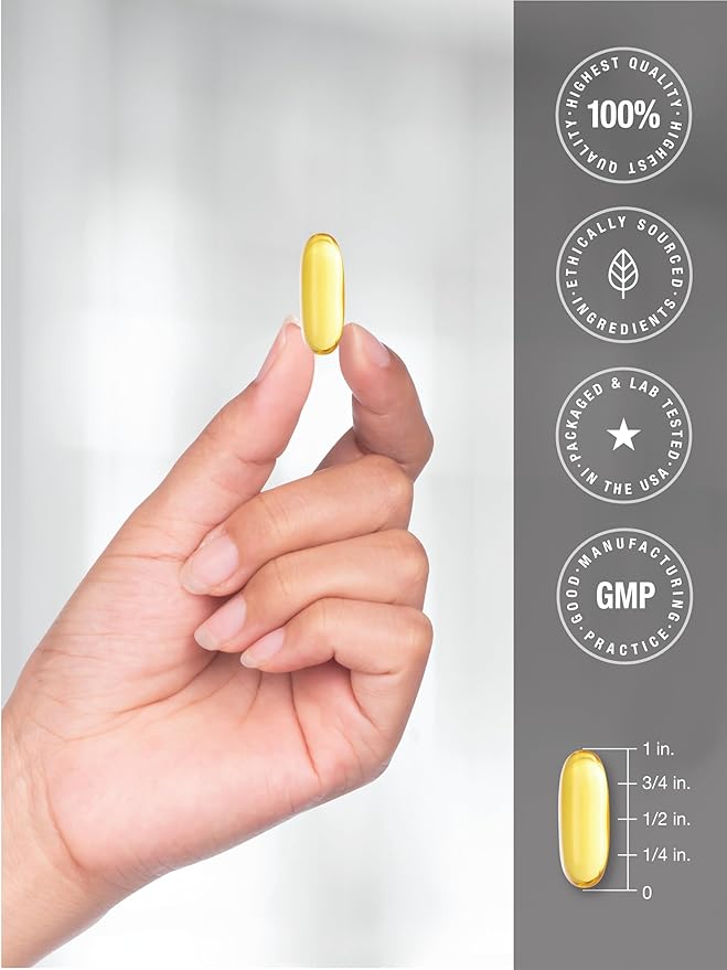 Hand holding a yellow supplement capsule with certification icons on a gray background