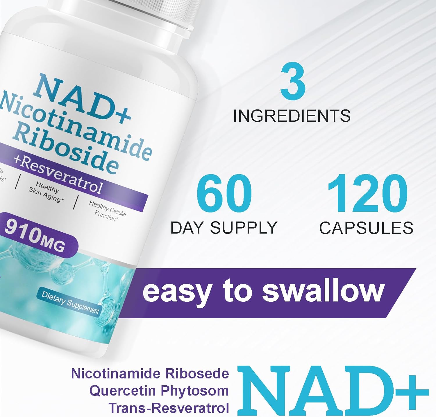 Supplement bottle labeled NAD+ with text about ingredients, supply, and ease of swallowing.