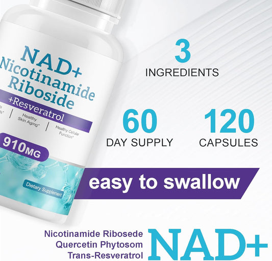 Supplement bottle labeled NAD+ with text about ingredients, supply, and ease of swallowing.