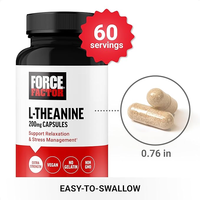 Force Factor L-Theanine supplement bottle with capsules and serving information on a white background