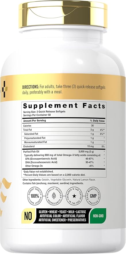 Supplement bottle with gold cap and white label displaying supplement facts on a white background