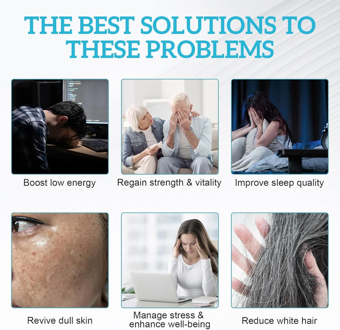 Promotional graphic with text 'The Best Solutions to These Problems' and images of people dealing with various issues.