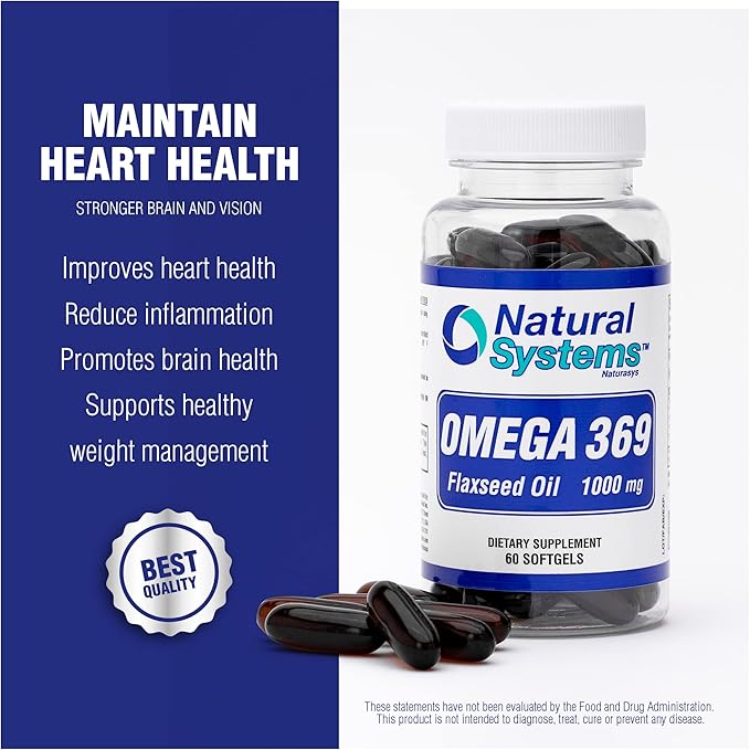 Omega 369 supplement bottle with text on a blue and white background