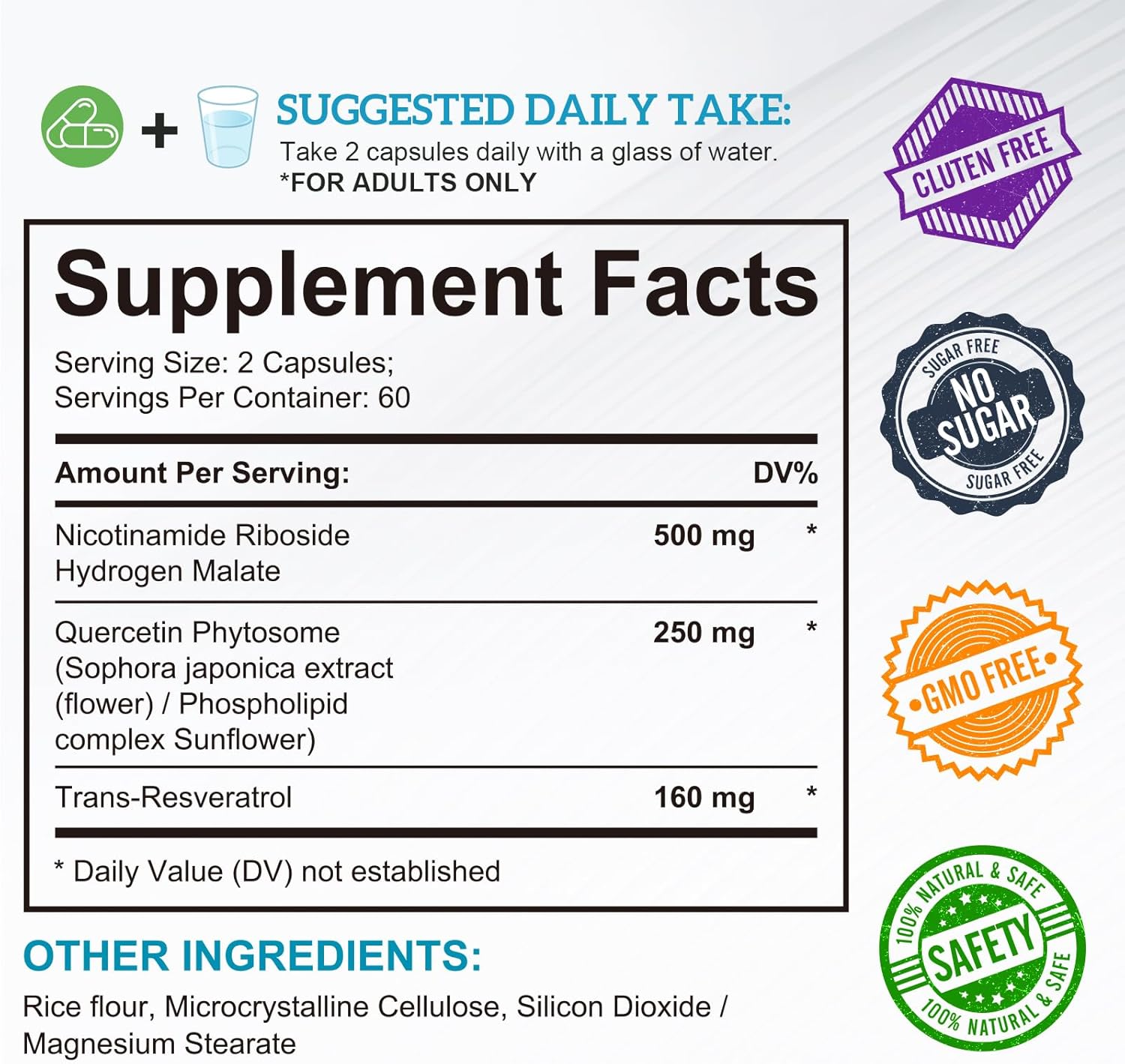 Supplement label with ingredients and claims on a white background