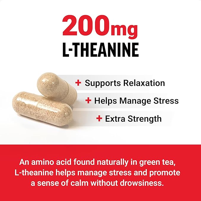 Two L-theanine capsules with text about its benefits on a white background