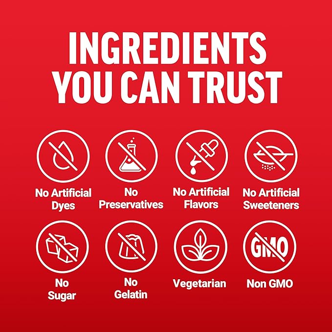 Red background with white text and icons stating 'Ingredients You Can Trust' and listing health claims.