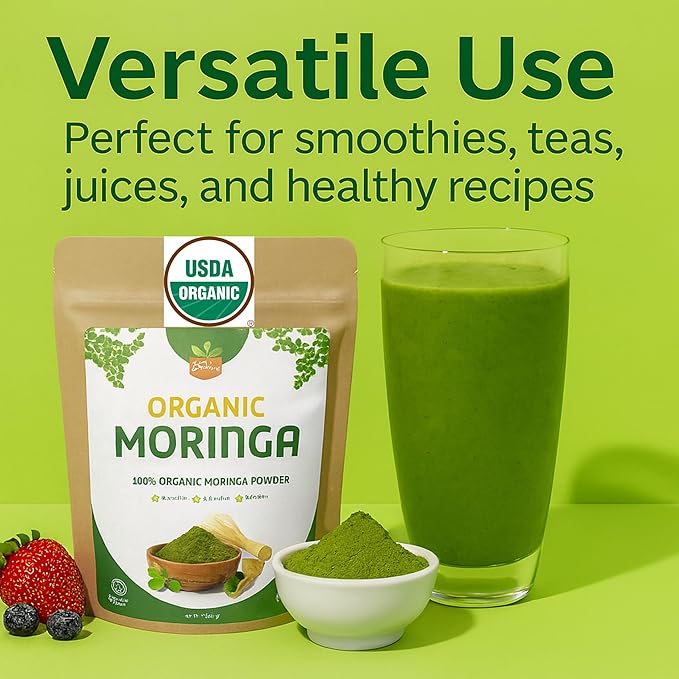 USDA Organic Moringa powder package with a glass of green smoothie on a green background