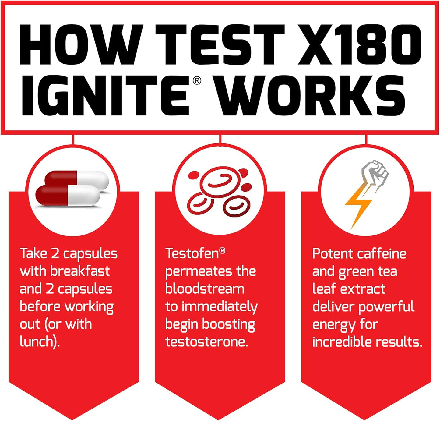 Infographic explaining how Test X180 Ignite works with red and white elements.
