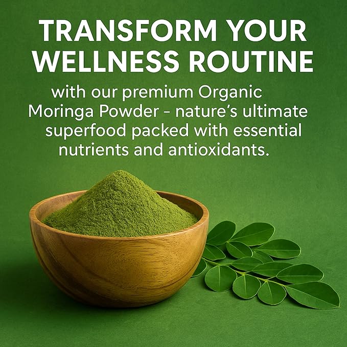 Bowl of green moringa powder with leaves on a green background and promotional text.