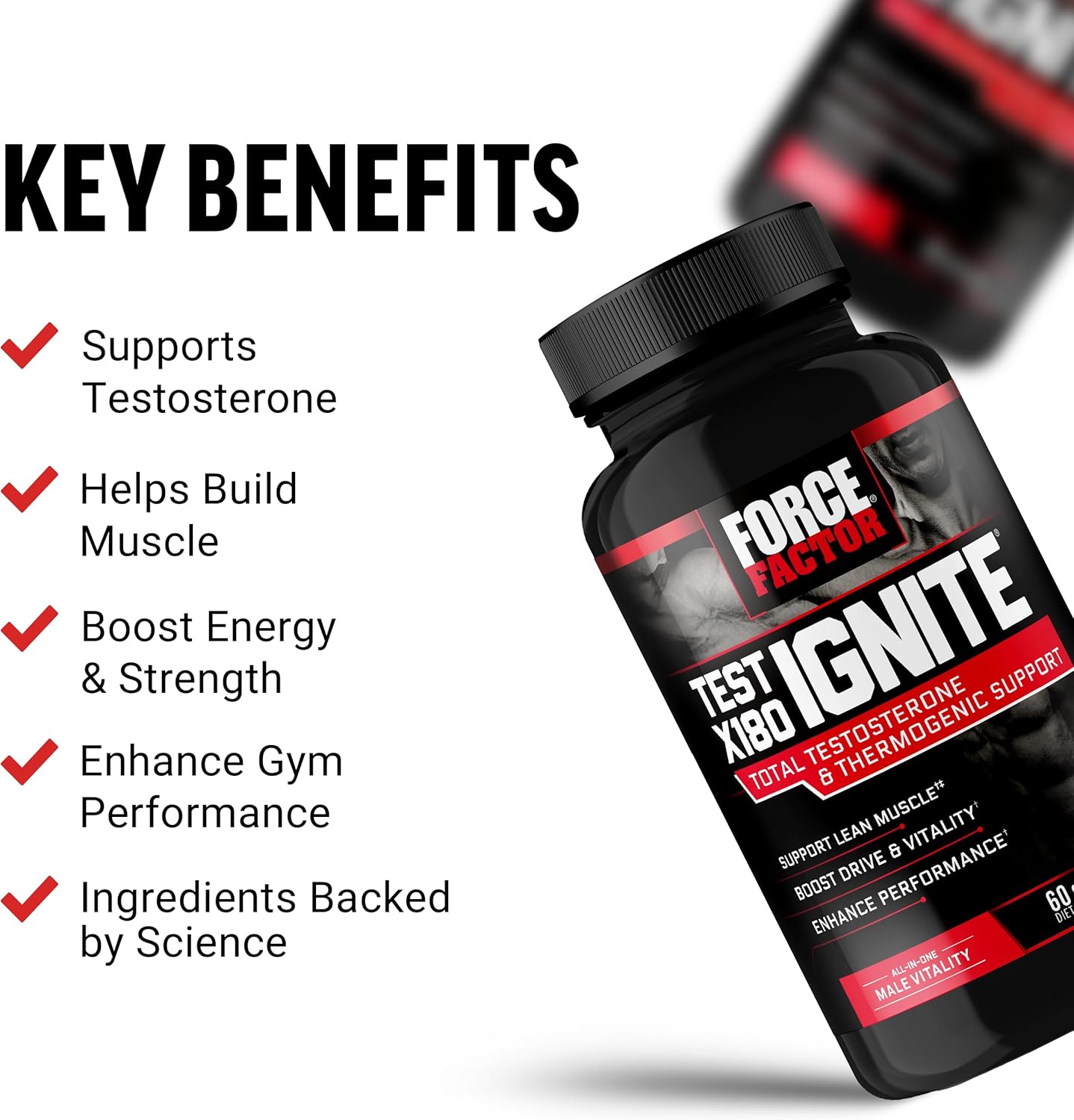 Force Factor Test Ignite supplement bottle with key benefits listed on a white background