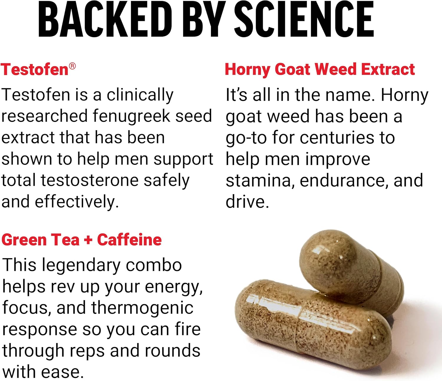 Product advertisement with text about Testofen, Horny goat weed extract, and green tea + caffeine on a white background.