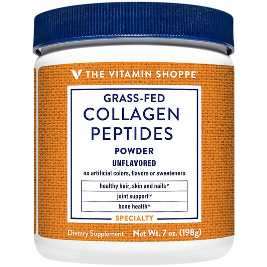 Jar of grass-fed collagen peptides powder from The Vitamin Shoppe on a white background