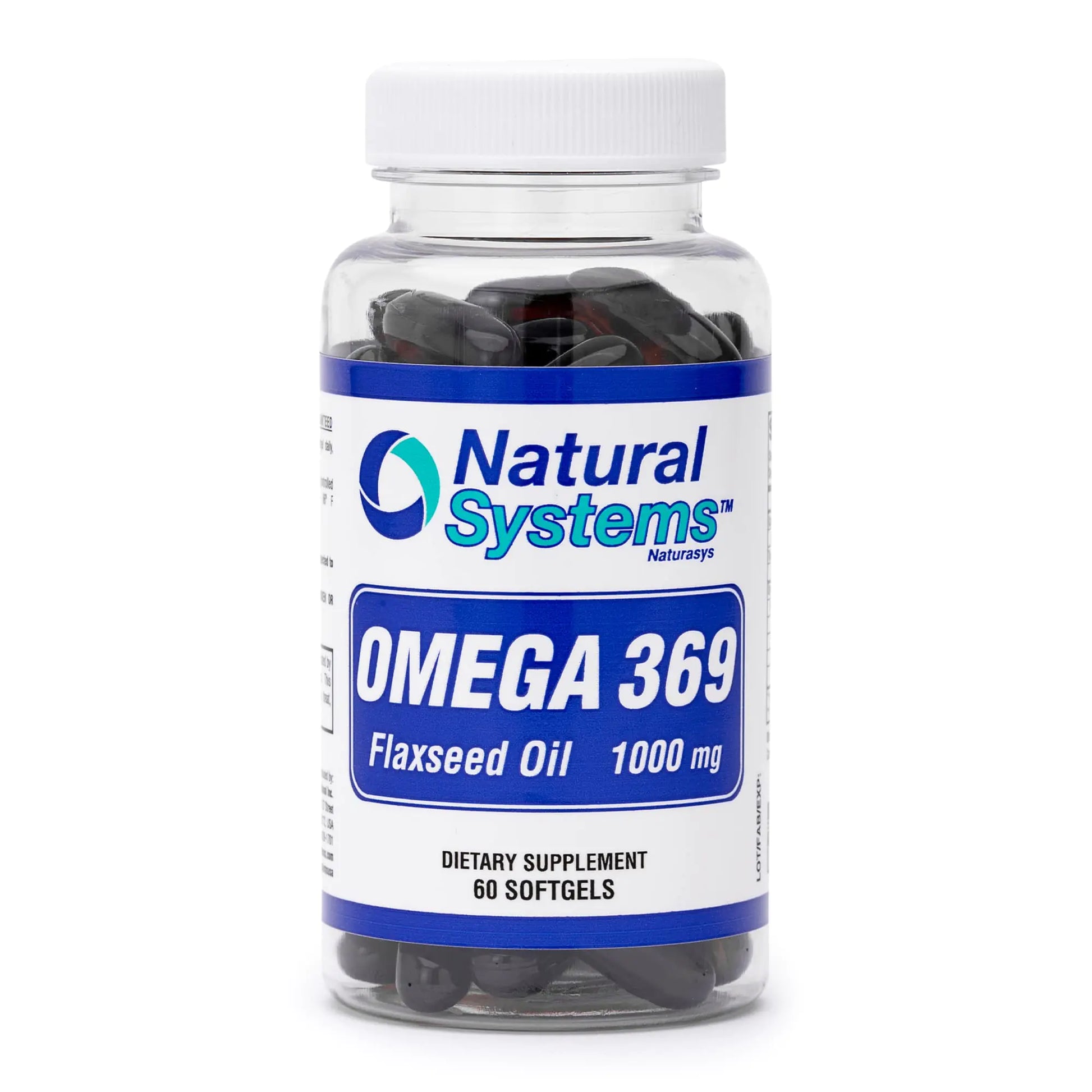Bottle of Natural Systems Omega 369 Flaxseed Oil supplement on a white background