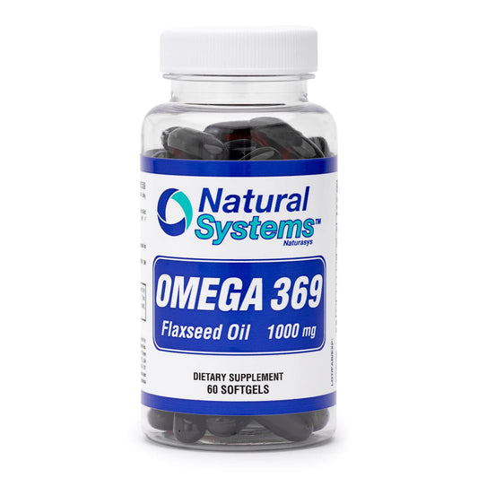 Bottle of Natural Systems Omega 369 Flaxseed Oil supplement on a white background
