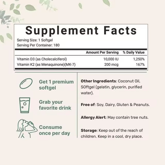 Supplement facts label with vitamins D3 and K2 on a light background with green leaves.