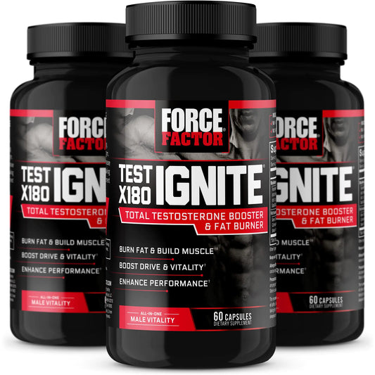 Three bottles of Force Factor Test Ignite supplement on a white background