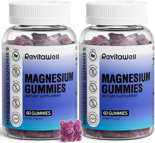 Two bottles of Revitawell Magnesium Gummies on a white background
