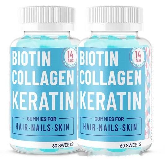 Two bottles of Biotin Collagen Keratin gummies for hair, nails, and skin on a white background.