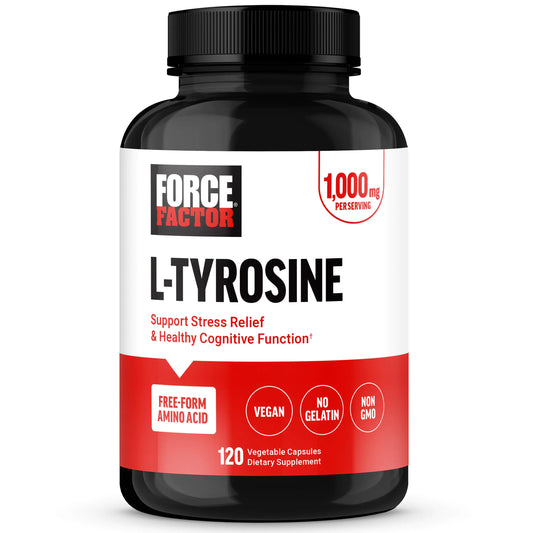 Force Factor L-Tyrosine supplement bottle on a white background