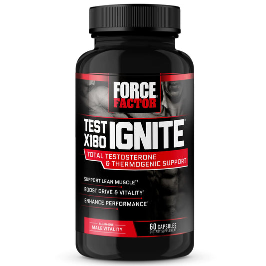 Force Factor Test X180 Ignite supplement bottle on a white background