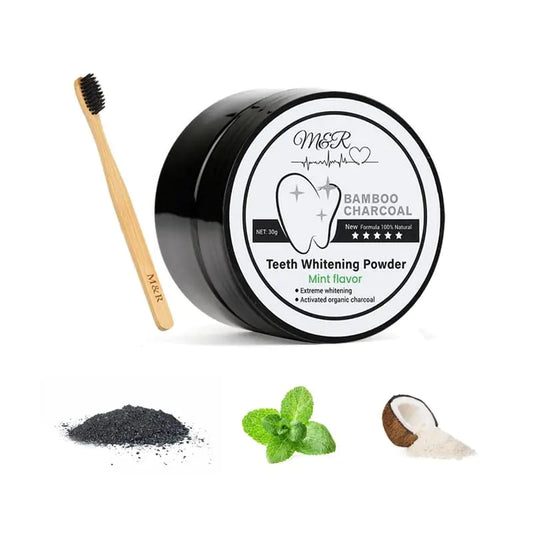 Activated Charcoal Teeth Whitening Powder – 100% Organic Coconut Formula (30g) + Bamboo Toothbru