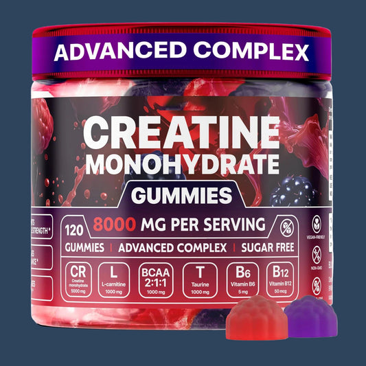 Container of Creatine Monohydrate Gummies with colorful design on a white background