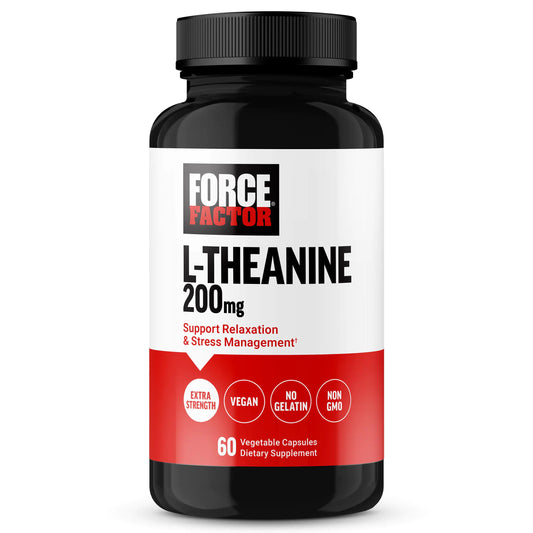 Force Factor L-Theanine supplement bottle on a white background